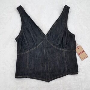 Lone Star V Neck Cotton Cropped Dark Denim Tank Top, Crop top, Women's Medium